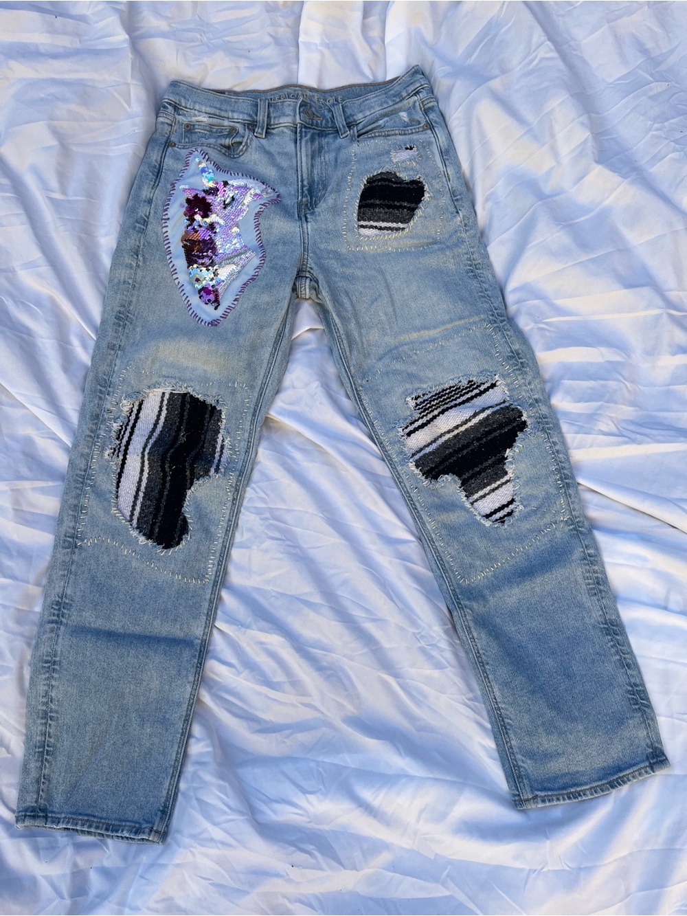 American Eagle OOAK Reworked Unicorn Sequin Patch Jeans Serape Distressed